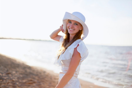 Bride smiling on beachの写真素材