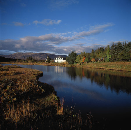 Mansion built on still lakeの写真素材