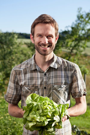 Man holding head of lettuce outdoorsの写真素材