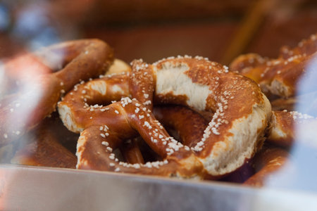 Close up of salted pretzelの写真素材