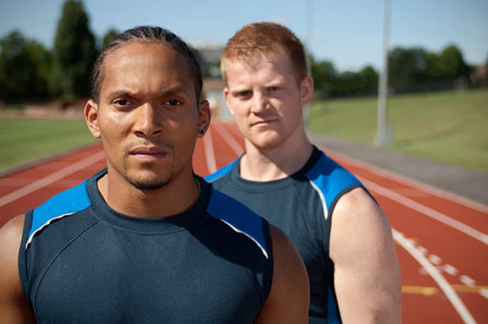 Athletes standing on trackの写真素材