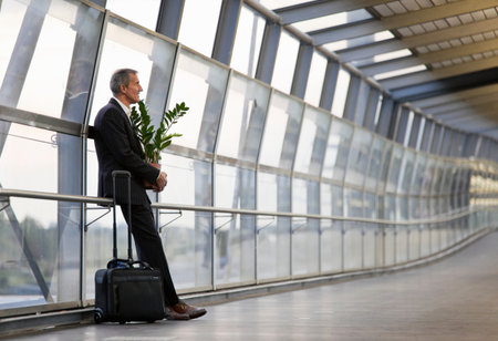 Businessman with luggage and plantの写真素材