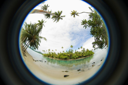 Fisheye perspective of islandの写真素材