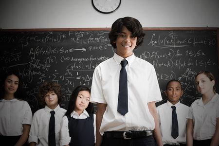 Students in front of blackboardの写真素材