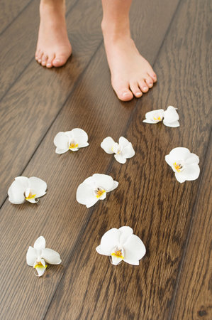 Female feet and orchid flowersの写真素材