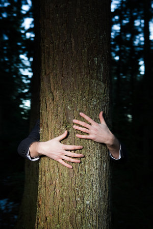 Businessman hugging treeの写真素材