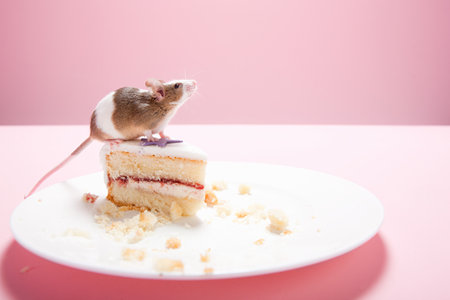 Mouse and slice of cake on plateの写真素材