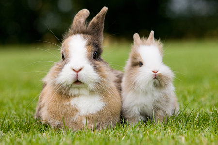 Two rabbits sitting on grassの写真素材