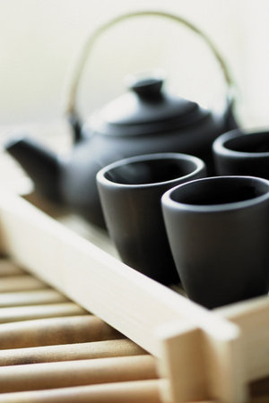 Teapot and cups background.の写真素材