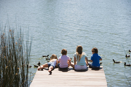 Children feeding ducks on a lakeの写真素材