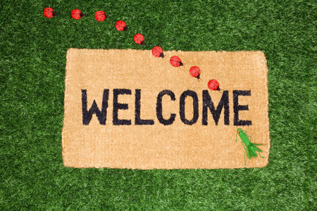 Toy ladybirds and cricket on a welcome matの写真素材