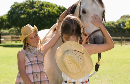 Two girls stroking a horseの写真素材
