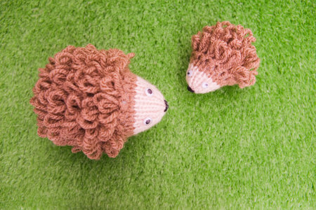 Toy hedgehogs on a grassの写真素材