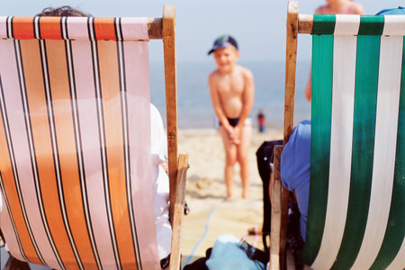 Deck chairs on the beachの写真素材