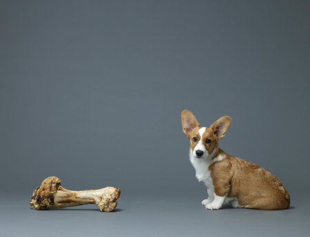 Dog Sitting Next To Huge Boneの写真素材