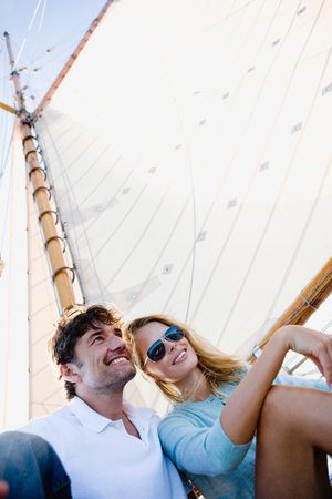 Couple On A Sailing Boat Smilingの写真素材