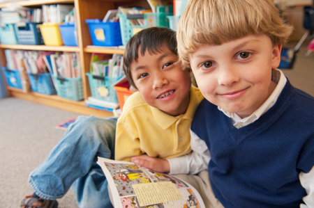 Students Reading Book Togetherの写真素材