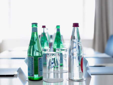 Bottles Of Water In A Conference Roomの写真素材