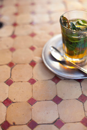 Glass Of Mint Tea On Restaurant Tableの写真素材