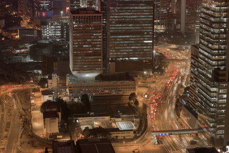 Aerial View Of City Center At Nightの写真素材