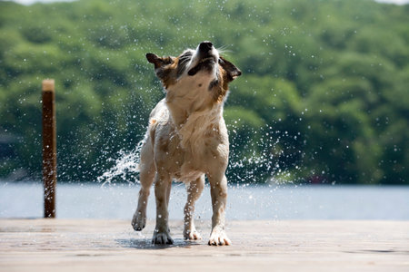 Dog Shaking Water Off Fur On Dockの写真素材