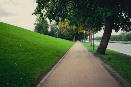 Dirt Path Along Rural Roadの写真素材