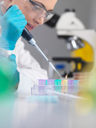 Scientist Pipetting Dna Sample In Tubes