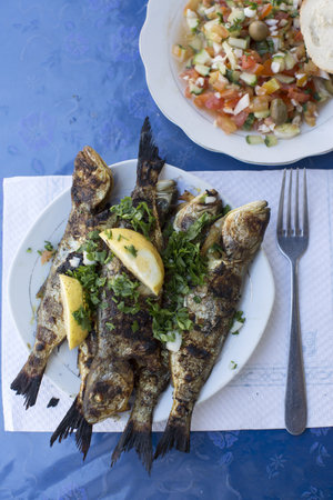 Cooked Fish On Plate, Djerba, Tunisiaの写真素材