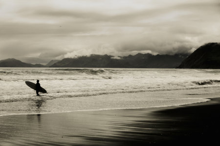 Surfer On Beach, Kodiak, Alaska, Usaの写真素材