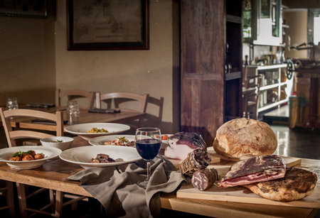 Rustic Display Of Traditional Italian Food In Restaurantの写真素材