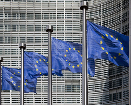 European Flags Outside The Berlaymont Office Of European Commission, Brussels, Belgiumの写真素材