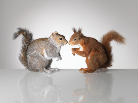 Red And Grey Squirrels Facing Each Otherの写真素材
