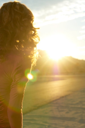 Young Woman And Sunlight, California, Usaの写真素材