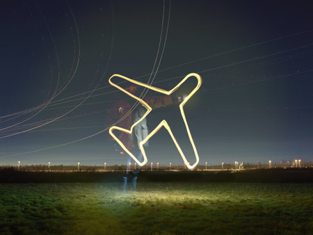 Flight Path Light Trails And Glowing Airplane Symbol At Night, Heathrow Airport, London, Ukの写真素材