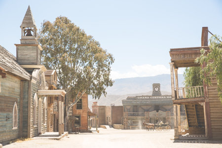 Distant Horse And Cart On Wild West Film Set, Fort Bravo, Tabernas, Almeria, Spainの写真素材