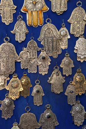 Hand Of Fatima Amulets On Market Stall, Marrakech, Moroccoの写真素材