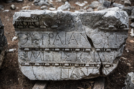Fragment Of Stone Inscription At Ancient Ruins, Phaselis Turkey, Lycian Way, Turkeyの写真素材
