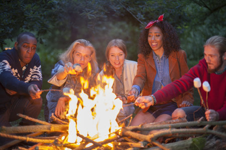 Friends Toasting Marshmallows By Fireの写真素材