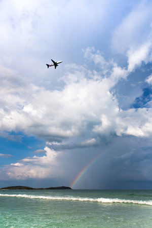 Aeroplane Flying Over The Sea, Koh Samui, Thailandの写真素材