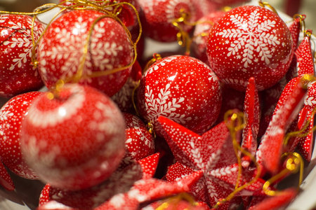 Group Of Red Xmas Baubles With Snowflake Motifの写真素材