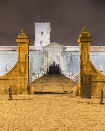 Entrance Bridge Of Montjuic Castle At Night, Barcelona, Catalonia, Spainのeditorial素材