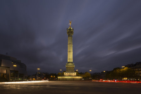 View Of July Column At Night, Paris, Franceのeditorial素材