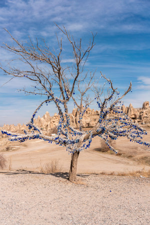 Turkey, Cappadocia, Goreme, Wish tree in barren landscapeの写真素材