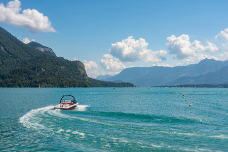 Austria, St. Gilgen, Motorboat on Wolfgangseeの写真素材