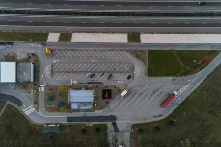 Portugal, Lisbon, Overhead view of parking lot near highwayの写真素材