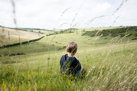 Rear view of boy (18-23 months)ÃŠsitting in grassyÃŠin field