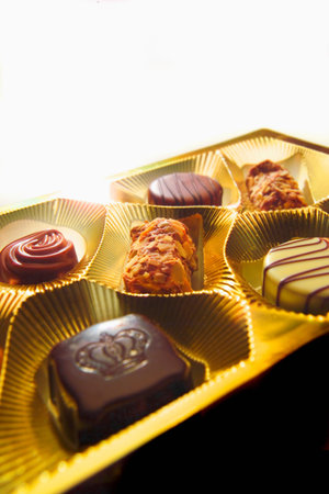 Close up of tray of chocolatesの写真素材