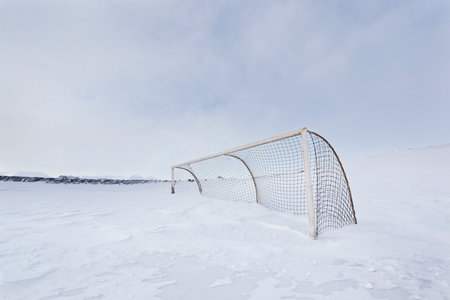 Hockey net in snow-covered fieldの写真素材