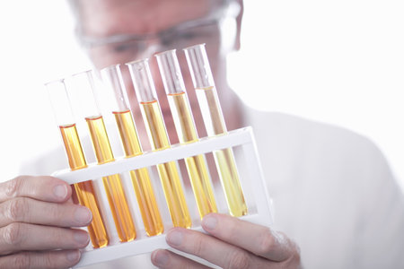 Scientist examining liquid in test tubes