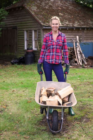 Woman pushing firewood in wheelbarrowの写真素材